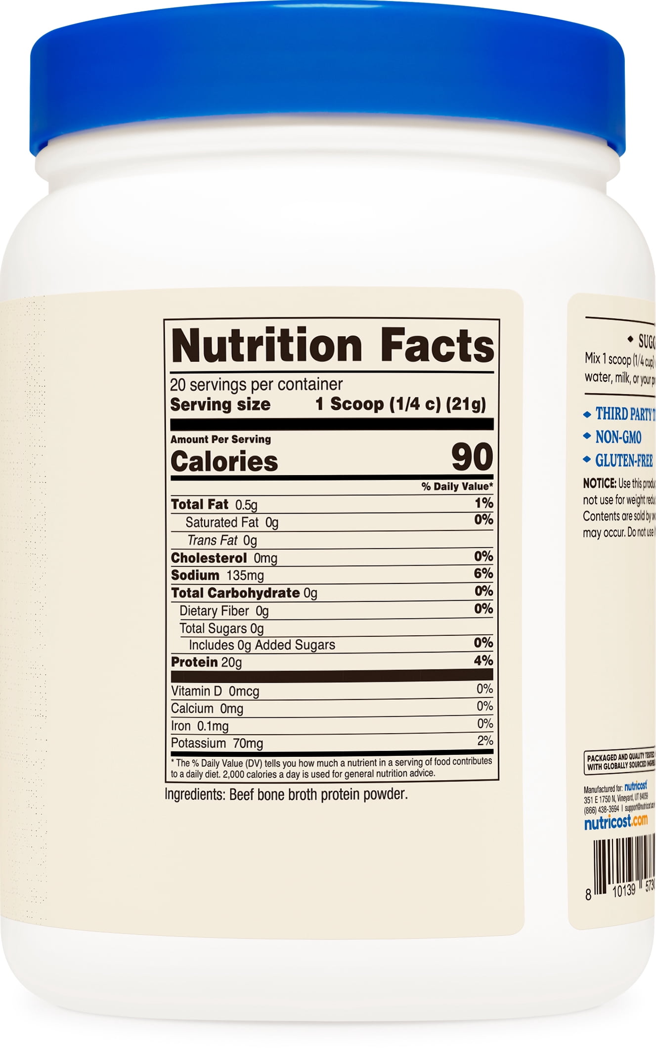 Nutricost Beef Bone Broth Protein Powder Unflavored (20 Servings) - Gluten-Free, GMO-Free