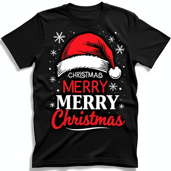 Festive Black T-Shirt with Red Santa Hat & White Snowflakes Christmas Merry Merry Christmas Graphic