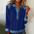 thumbnail image 2 of Enjoytime Womens Tops Trendy Solid Color Lapel Denim Patchwork Half Button Down Blouses Spring Fashion Casual Long Sleeve Shirt Navy L, 2 of 8