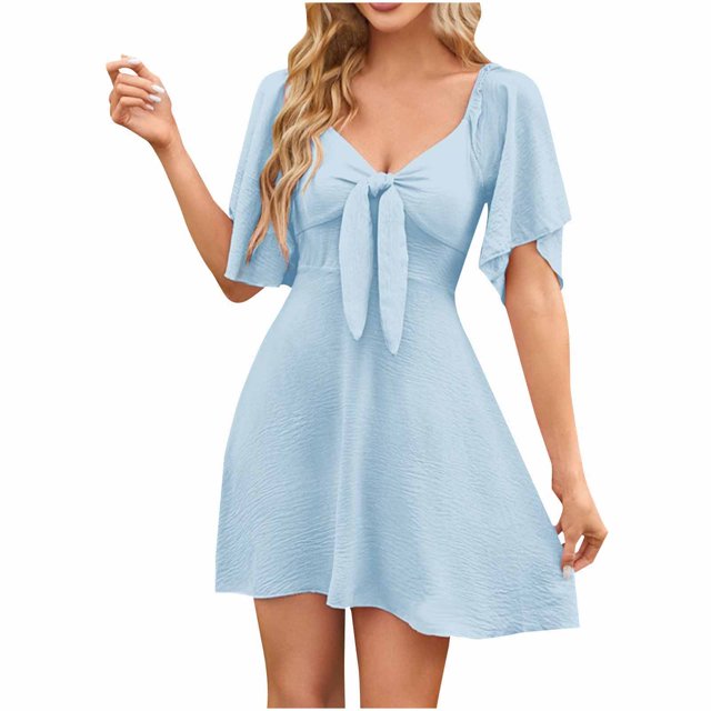 Staron Liquidation Robes pour Femmes 2025 Décontracté Printemps Nœud Papillon Fluide Ligne A Élégante Ample Mini Robes Décontracté Printemps Manches Courtes Col en V Robe Bleu Clair TG