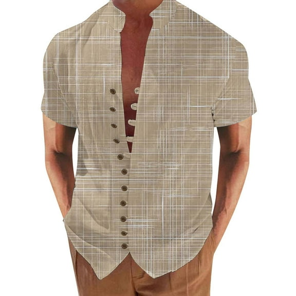 FBMDBB Men's Short Sleeve Linen Shirt Band Collar Button Down Shirts Summer Beach Shirt Regular Fit Dress Shirts Holiday Tops