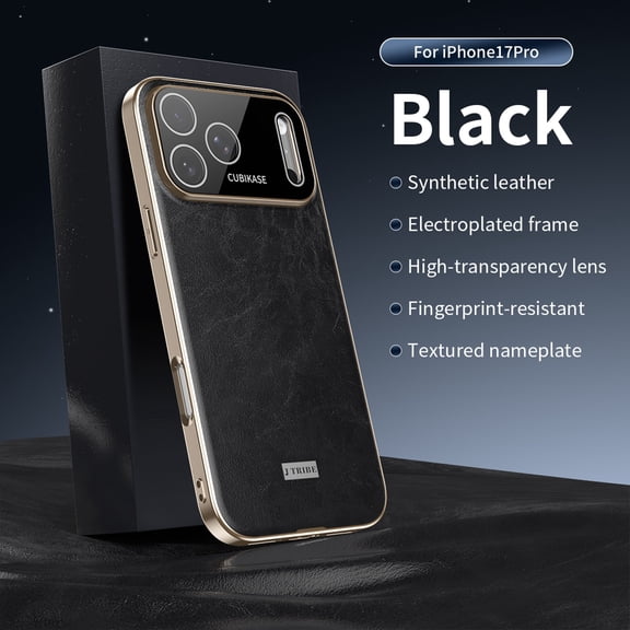 ELEHOLD For iPhone 17 Pro Leather Case,Luxury Plating Edge Shockproof Slim Premium Leather Phone Cover Built-in Lens Protector,Black