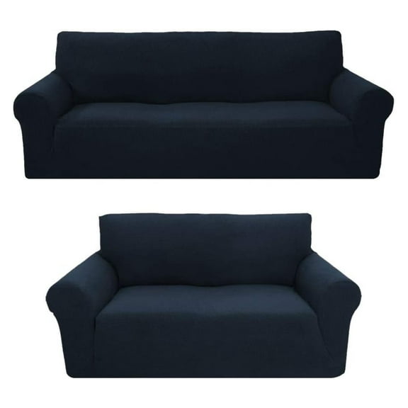 Drevy 2-Piece Slipcover Set - Polyester Spandex Couch Covers, Furniture Covers for Sofa and Loveseat, Premium Brushed Sofa Covers for 2 Cushion Couch w/Non-Slip Elastic Cord, Blue