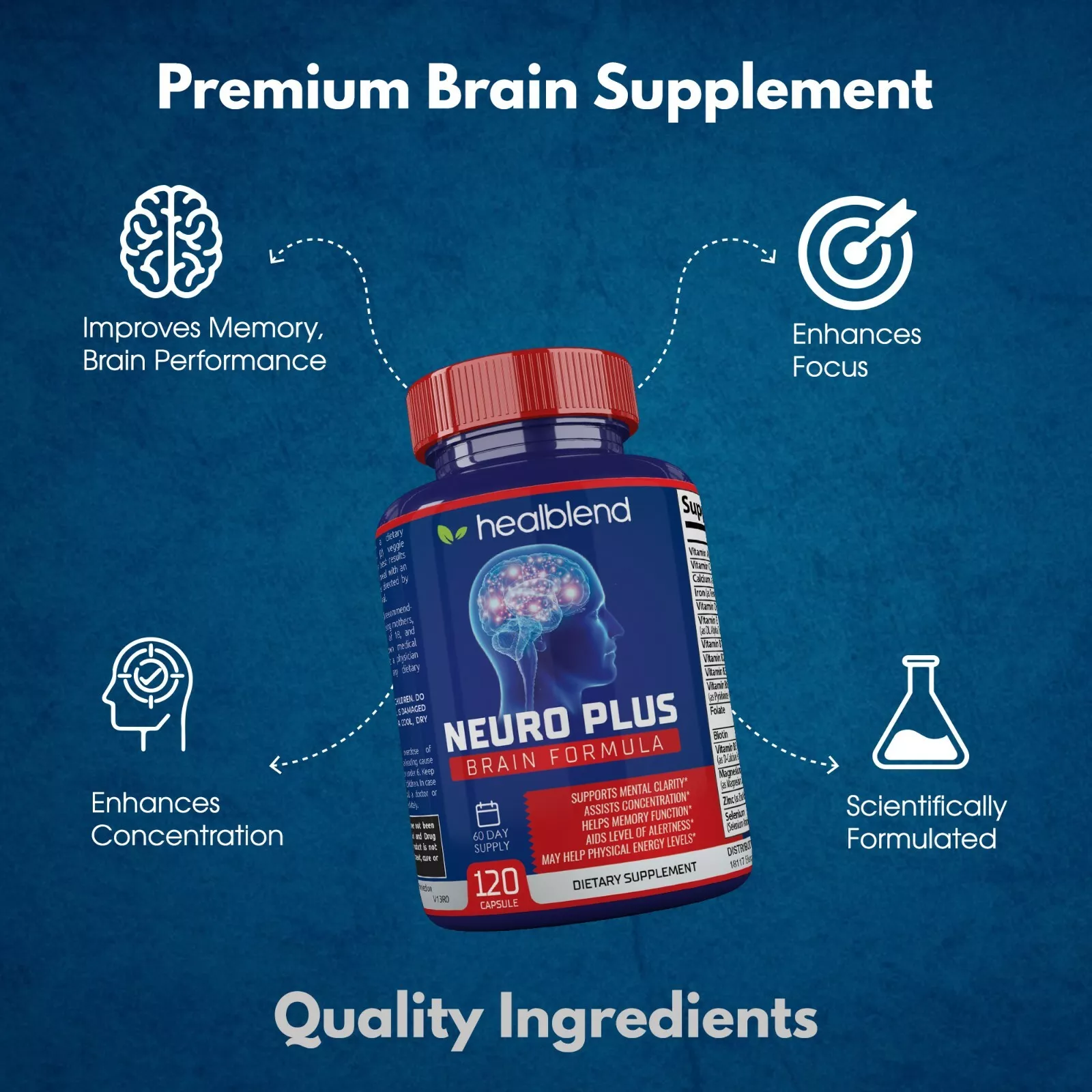 Healblend Neuro Plus Brain Booster Supplements - Brain & Focus Formula, Supports Memory, Concentration & Mental Clarity - 3-Pack