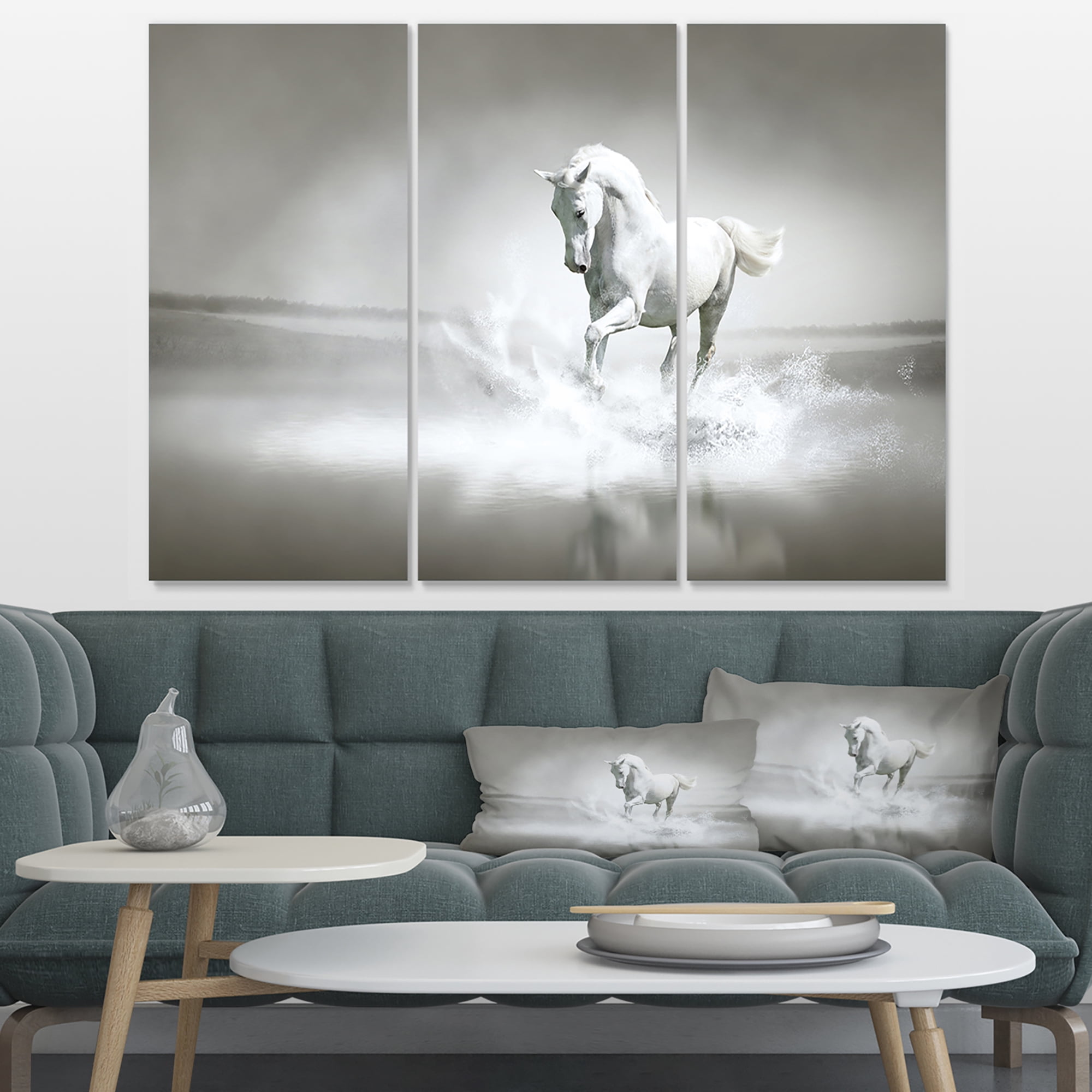 Designart 'White Horse Running in Water ' Animal Canvas Art Print