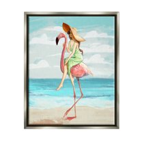 Stupell Industries Beach Woman Riding Pink Flamingo Tall Tropical Bird Luster Gray Framed Floating Canvas Wall Art, 24x30, by Ziwei Li