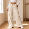 thumbnail image 2 of Kezqiaxn Wide Leg Pants for Women Striped Elastic Waist Drawstring Loose Casual Trousers with Pockets Women's Clothing Khaki XS, 2 of 5