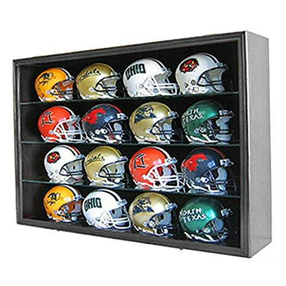16 Mini Football Helmet Display Case Wall Rack w/UV Protection Door (Black Finish