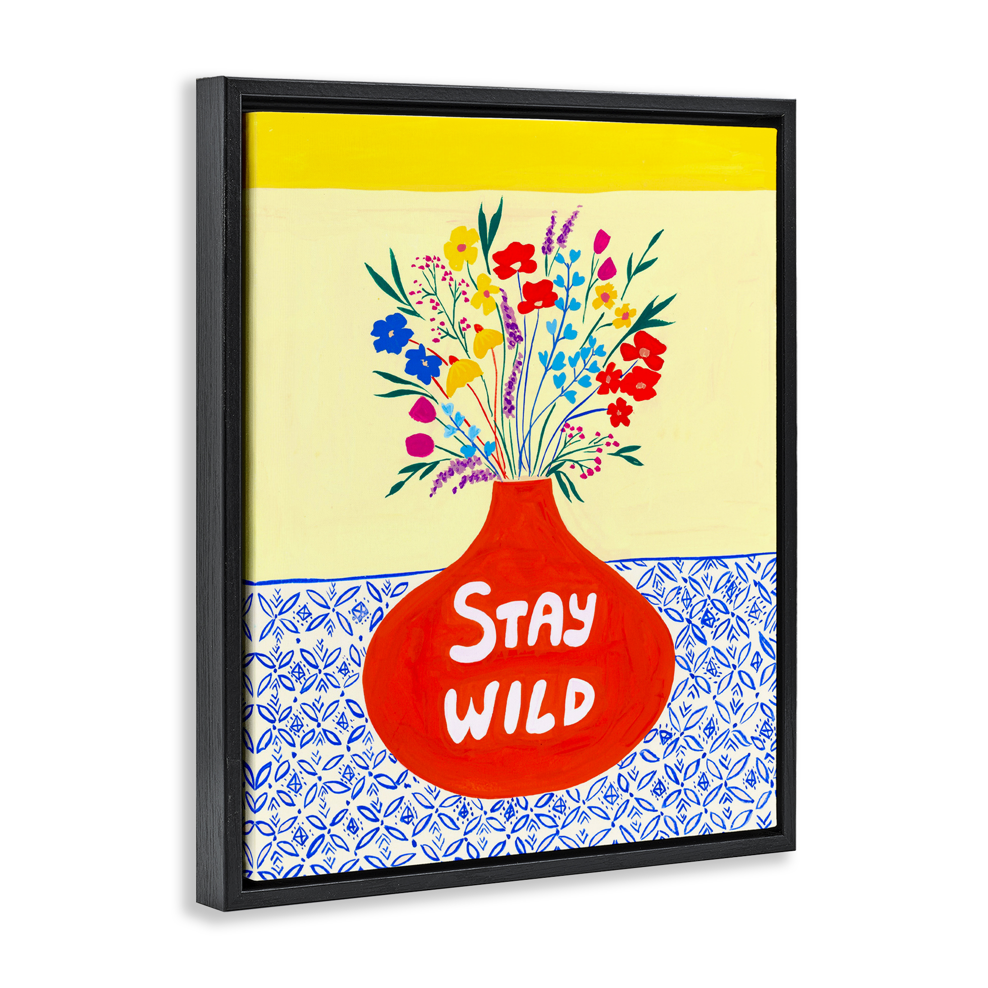 Stay Wild Midcentury Flowers Black Framed Floater Canvas Wall Art, design by Nabeela Rumi