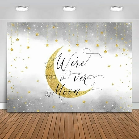 Over The Moon Baby Shower Backdrop Twinkle Twinkle Little Star Background Gold Moon and Stars Baby Shower Party Decorations Banner Photo Booth Props