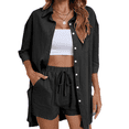 thumbnail image 2 of LYMAYTER Women Casual Outfits Linen Cotton Lapel Shirts Drawstring Shorts Lounge for Tracksuit Set XS-XL, 2 of 8