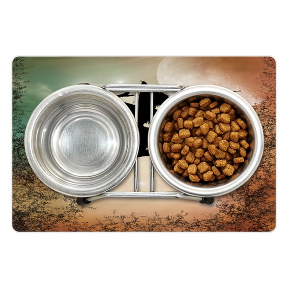 Nature Pet Mat for Food and Water, Black Fairy Angel Wings Butterflies and Sun Like Alluring Round Artwork Print, Non-Slip Rubber Mat for Dogs and Cats, 18" X 12", by Ambesonne