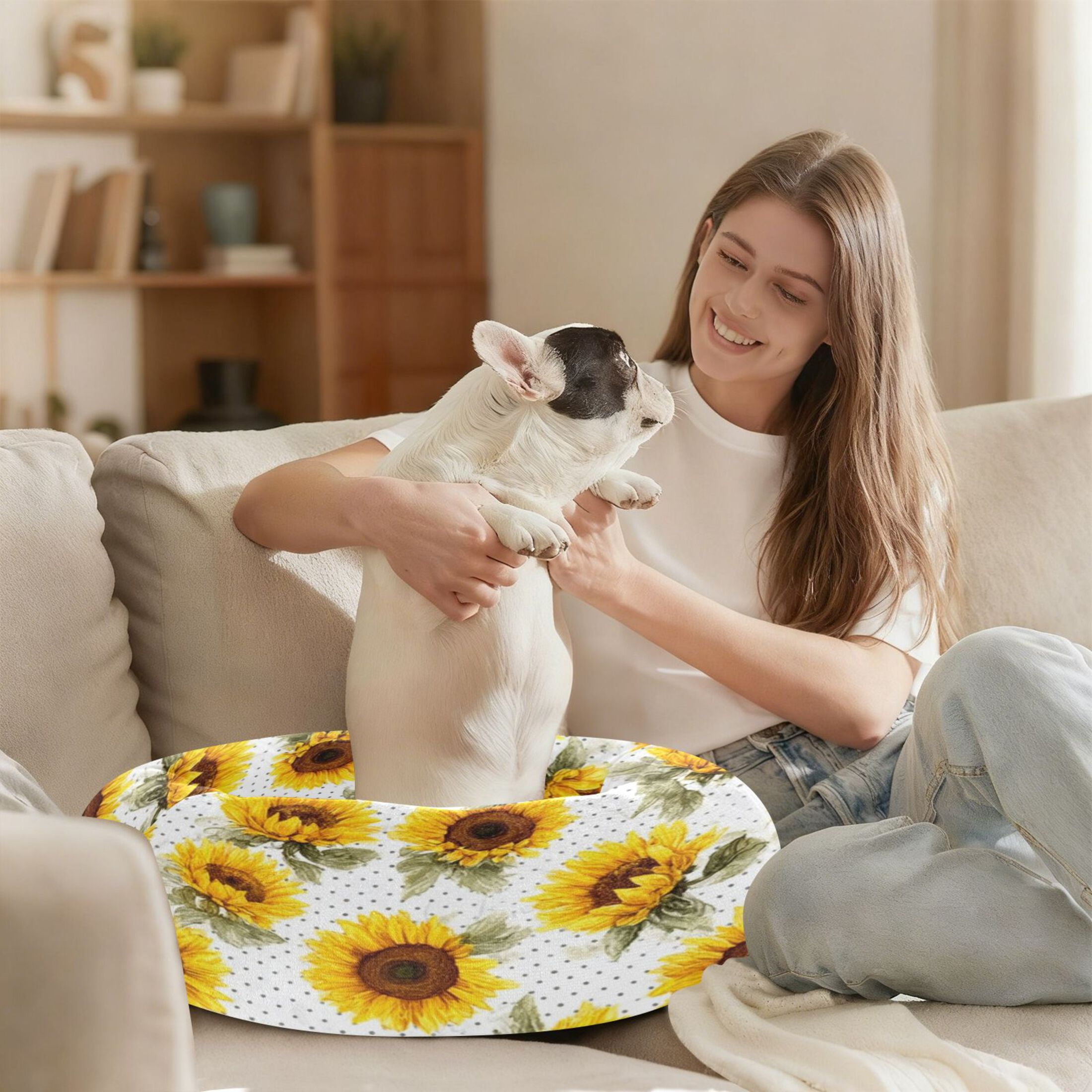 Iauyy Pet Couch Donut Cat Bed for Indoor Cats/Small Dogs Washable & Machine with Non-slip Bottom Calming Cat Furniture, A Charming Sea Of Flowers (M)