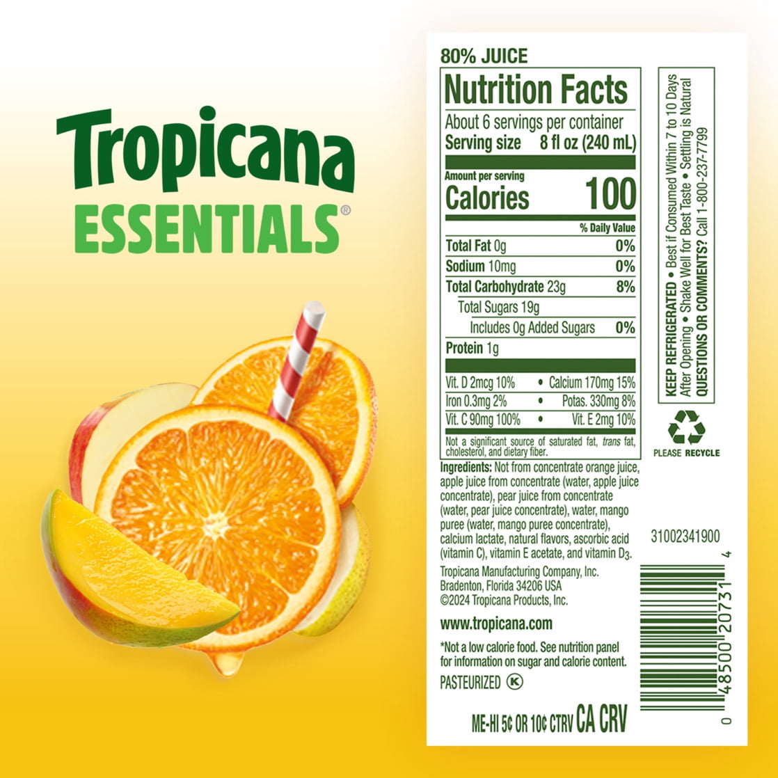 Tropicana Essentials Flavored Orange Mango Juice Beverage Blend With Other Fruit, No Pulp, 46 fl oz Bottle