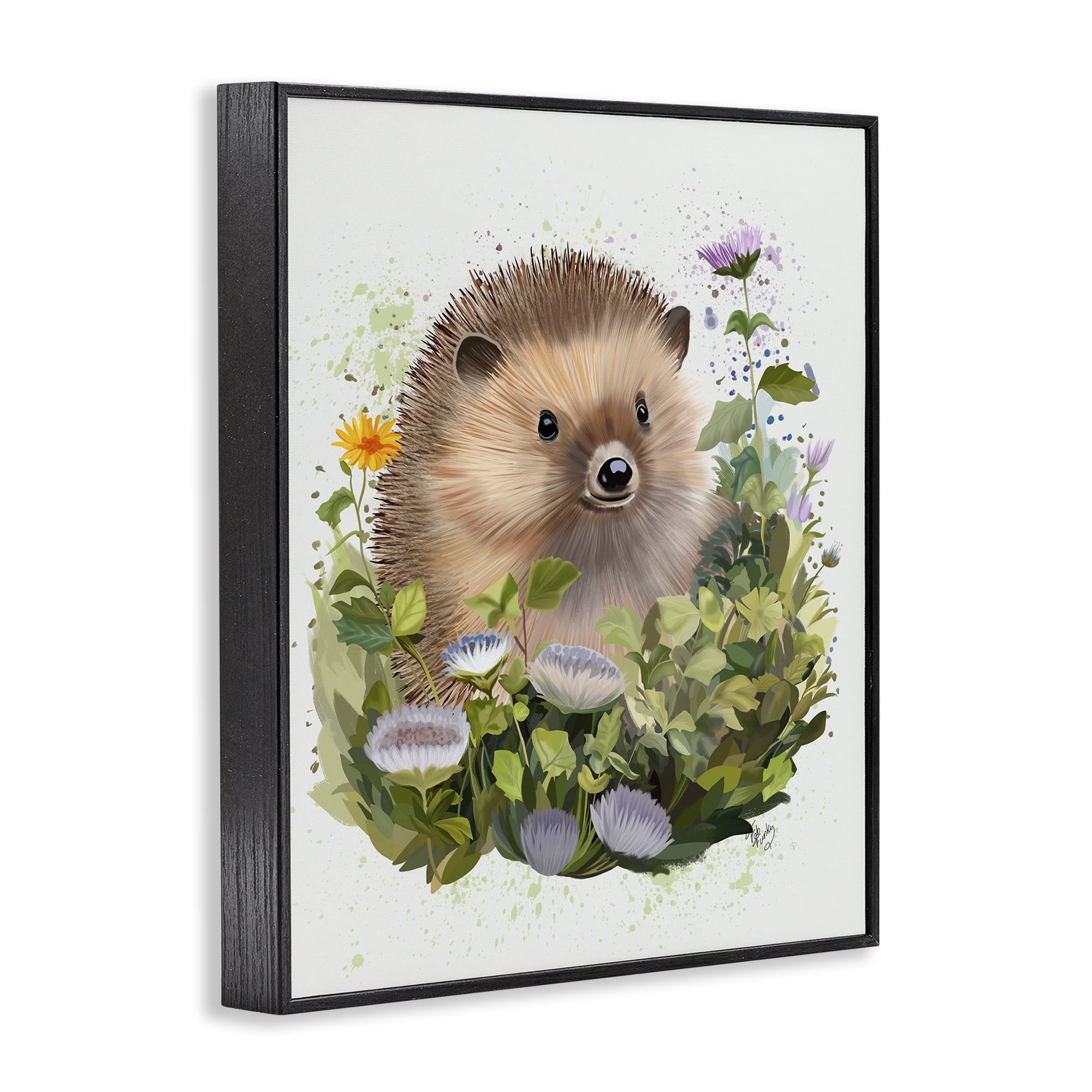 Stupell Industries Hedgehog in Floral Meadow Animals & Insects Painting Black Framed Art Print Wall Art, 16 x 20