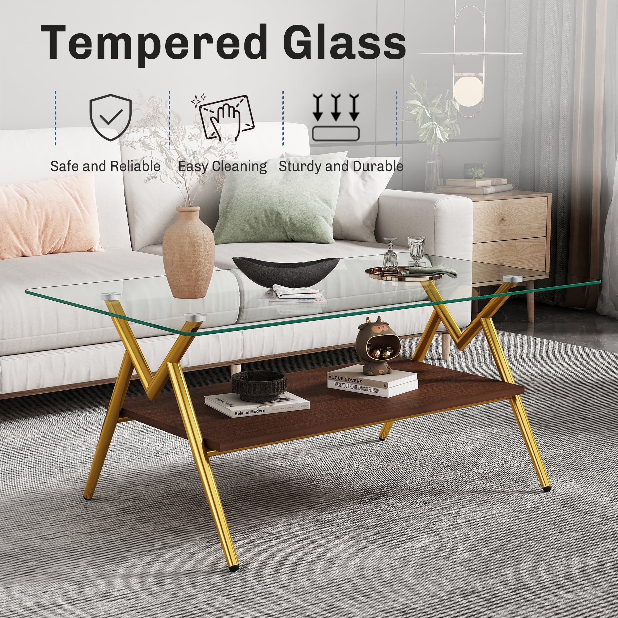 MAYEERTY Rectangle Coffee Table with Tempered Glass Top and Gold Metal Legs