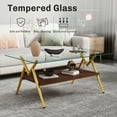 thumbnail image 6 of Modern Coffee Table,Rectangle Coffee Table with Tempered Glass Top with Wood Shelf,2-Tier for Home Living Room,Transparent Glass+Brown Wood+Gold Leg, 6 of 8