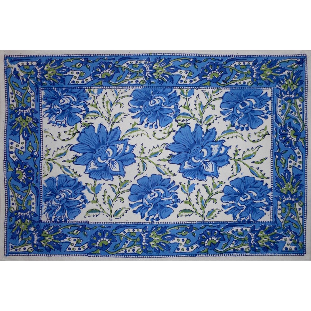 Lotus Flower Block Print Cotton Table Placemat 20" x 14" Blue Walmart