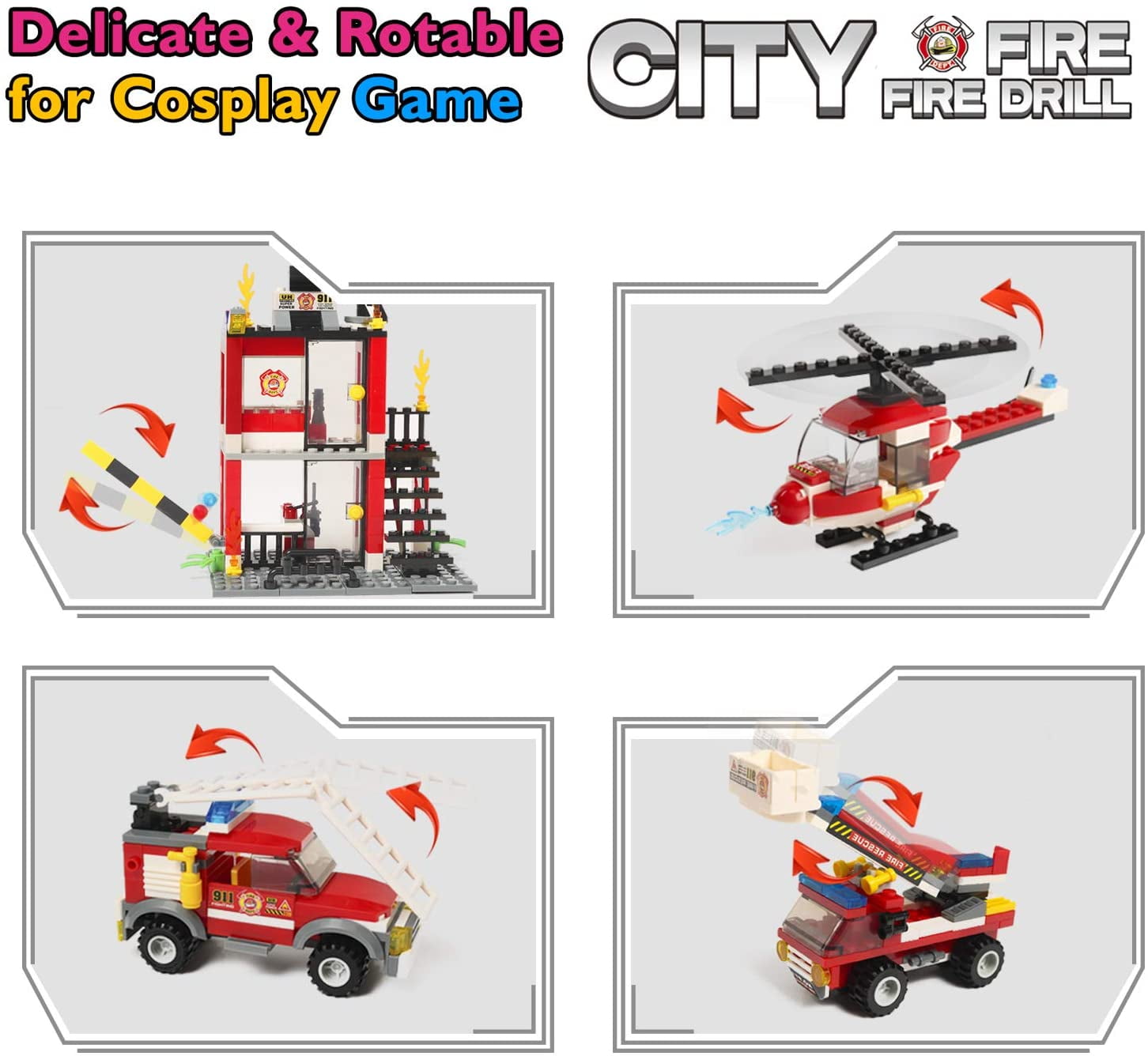 184pcs 2 in 1 City Fire Truck Fire Station Building Blocks Fire Engine Vehicles Set Fire Fighter Building Kit Fire Rescue Toys Xmas Gifts Present Building Bricks for Kids Aged 6-12 