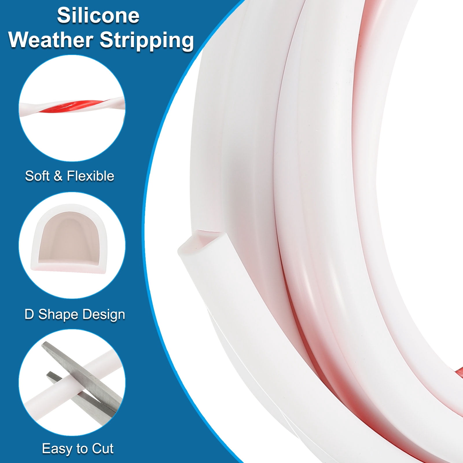 Uxcell 20 Ft 9/16" W x 1/2" T D Shape Silicone Weather Stripping Door Seal, White/Red