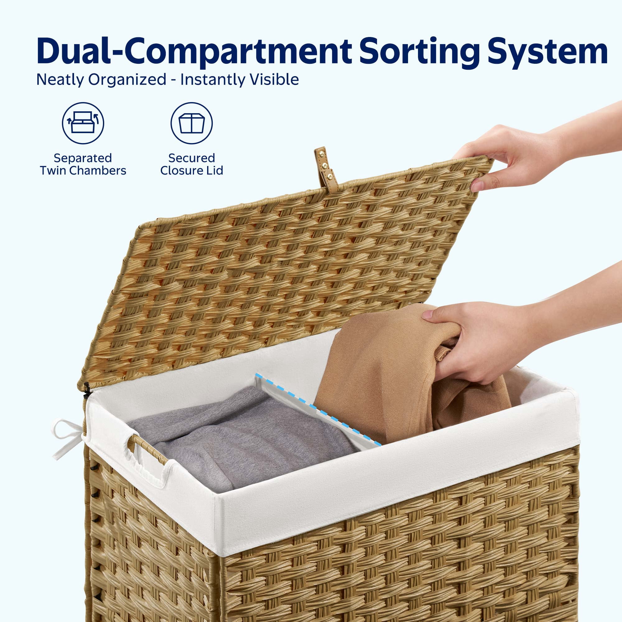 Rolanstar 110L Laundry Hamper Wicker Laundry Basket with Lid, Handles Clothes Hamper Foldable with 2 Removable Liner Bags, Natural