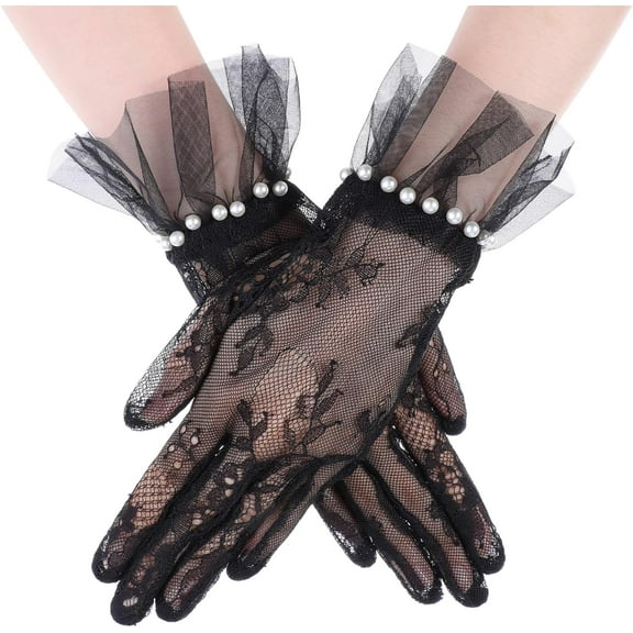 YooGuoGuo Black Short Lace Mesh Gloves Lace Gloves Women Breathable Short Lace Mesh Gloves RetroTulle with Pearls Dinner Wedding Opera Tea Party Gloves for Women Girls Halloween Funeral