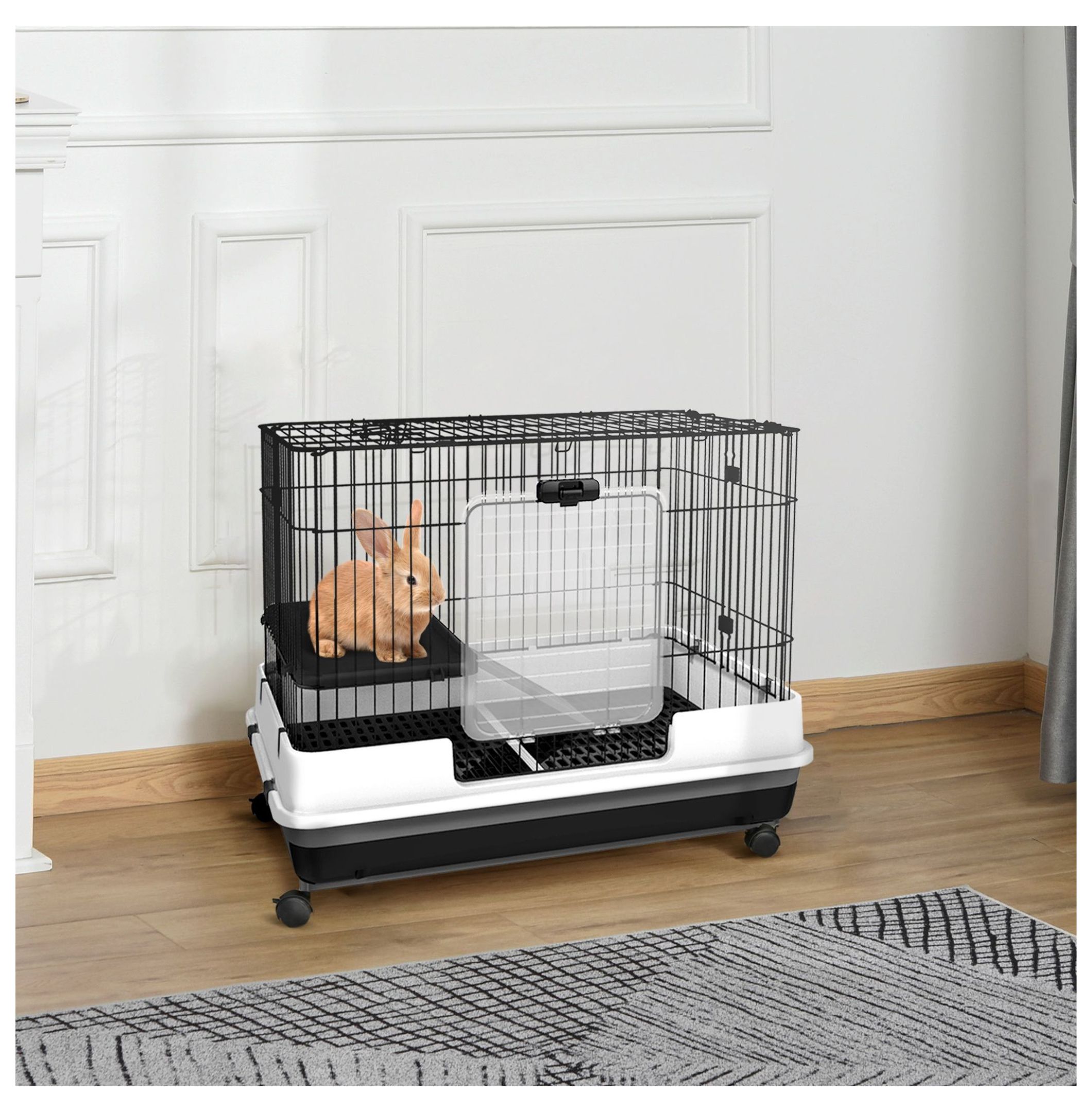Small Animal Cage 2-Level Rabbit Hutch with Wheels Removable Tray Black for Bunny Chinchillas