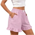 thumbnail image 5 of Vivianyn HD Women's Ruffled Hem Striped Shorts, Elastic Waist Casual Loose Fit Summer Bottoms with Pockets,Pink,Size S-XXL, 5 of 7