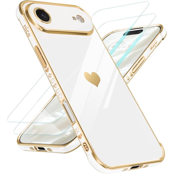 MYKOMI Compatible with iPhone 17 Air 6.6", Phone Case Small Love Heart with Screen Protector, Luxury Plating Cute Phone Cases Soft TPU Pattern Print Design Shockproof Protection Cover for Women Girls
