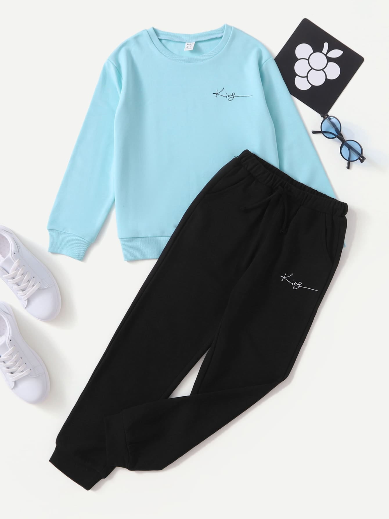 Boys Letter Graphic Pullover Sweatpants 8Y Multicolor Casual F039D