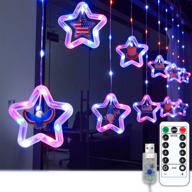 LED Illuminated Five-pointed Starses Ice Strip Lights String Americans Independence Day Atmospheres Decorative Outdoor Scene Layout Hanging Decorations