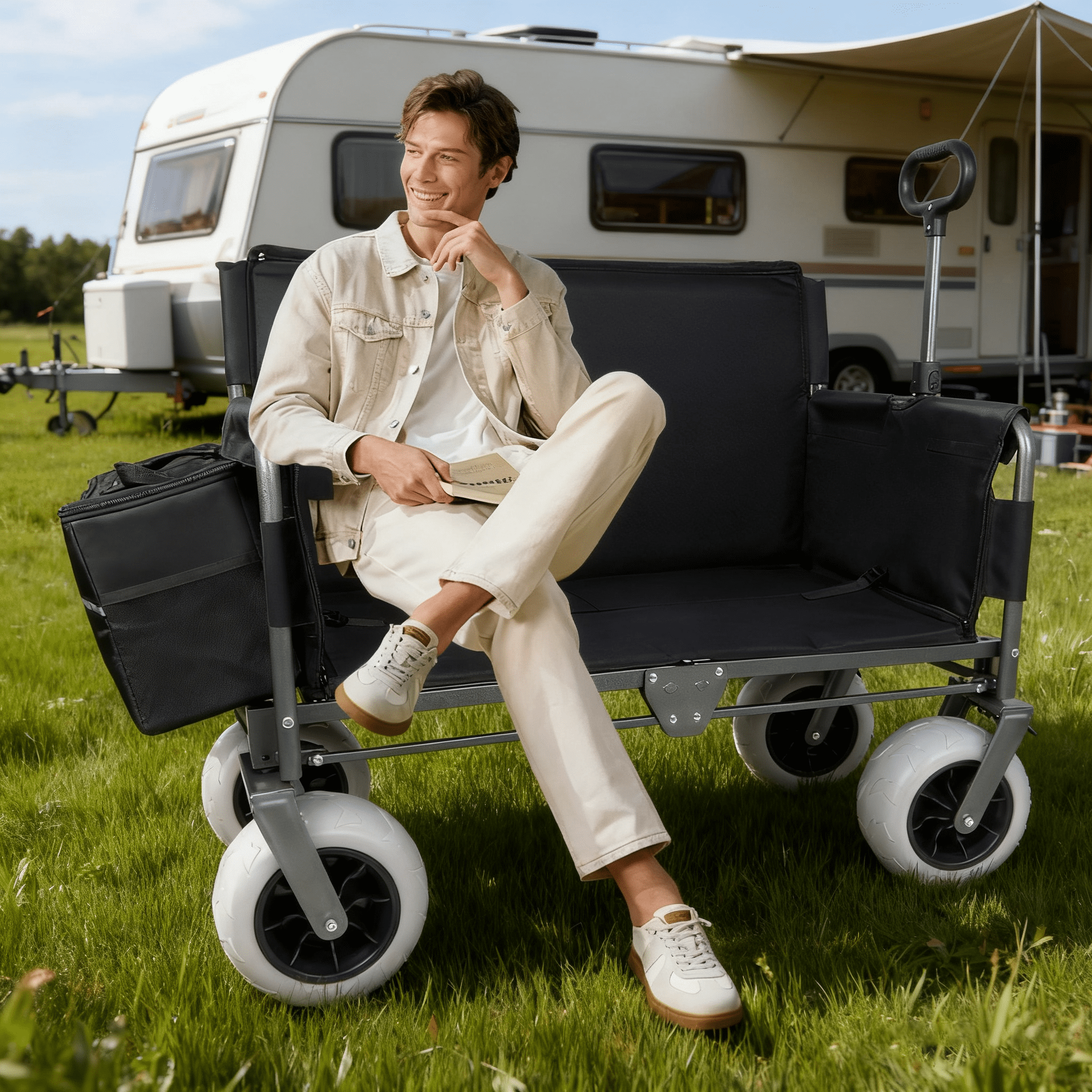 3-in-1 Folding Wagon with Bench Seat, Patent Protected, 500lbs Capacity, 9"x4" All-Terrain Beach Tires, Includes 1 Ice Pack, Black for Camping Beach Groceries Outdoor