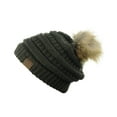 thumbnail image 3 of NYFASHION101 Exclusive Soft Stretch Cable Knit Faux Fur Pom Pom Beanie Hat - Dark Olive, 3 of 4