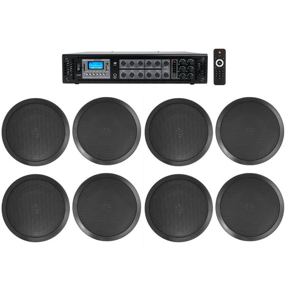 Rockville 6-Zone 70v Amplifier (8) 8" 2-Way Black Ceiling Speakers 4 Restaurant