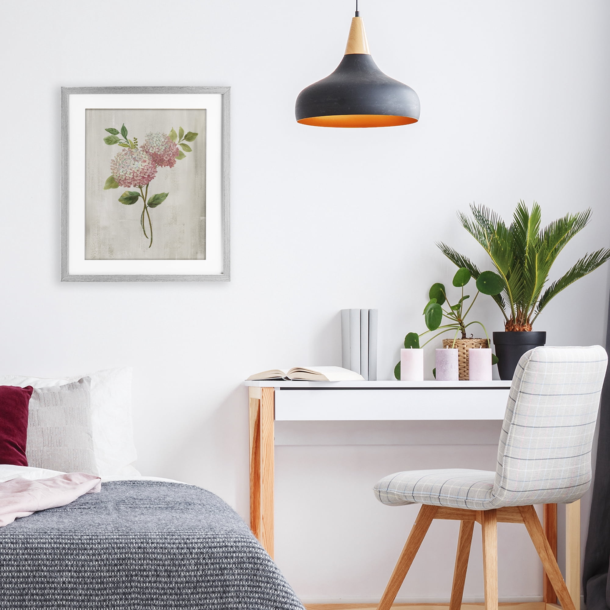Stupell Industries Pink Hydrangea Paired Stems Gray Framed Print Under Glass, design by Nan