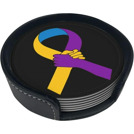 

Funny Coasters 6 Pcs Bladder Cancer Awareness Leather Coasters with Holder Drink Coaster Round Cup Mat Pad for Home Kitchen Office