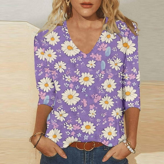 Sakmal Purple Oversized Tshirts for Women 3/4 Sleeve Floral V-Neck T-Shirts Womens Tshirts