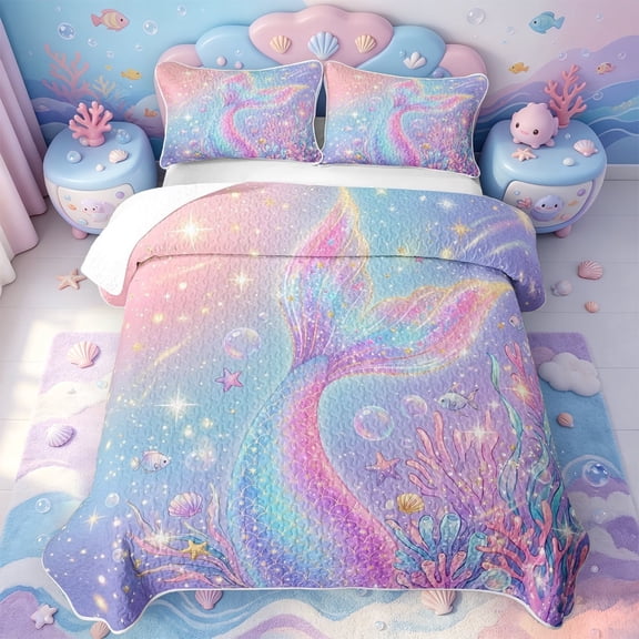 meiyoeat Glitter Print Mermaid Tail Quilt Full For Girls,Watercolor Ocean Coral Full Bedspread Sets,3 Pieces,1 Coverlet and 2 Pillowcases