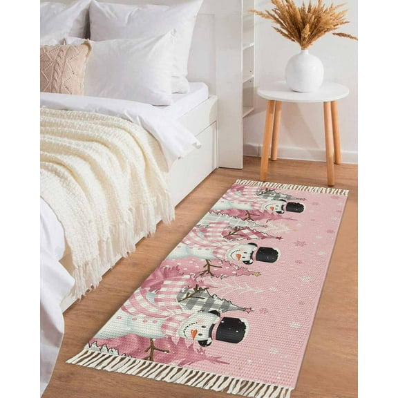 Snowman Christmas,Hallway Runner Rug 2x5ft,Blush Pink Tree Plaid Dot Washable Woven Living Room Bedroom Kitchen Bathroom Carpet with Tassels,Non-Shedding Indoor Outdoor Throw Door Mat for Entryway