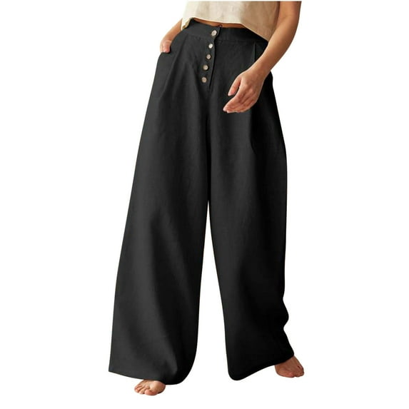 ShomPort Wide Leg Pants for Women Cotton Linen High Waist Dressy Palazzo Pants Summer Casual Long Pants with Pockets (5X-Large, Black)
