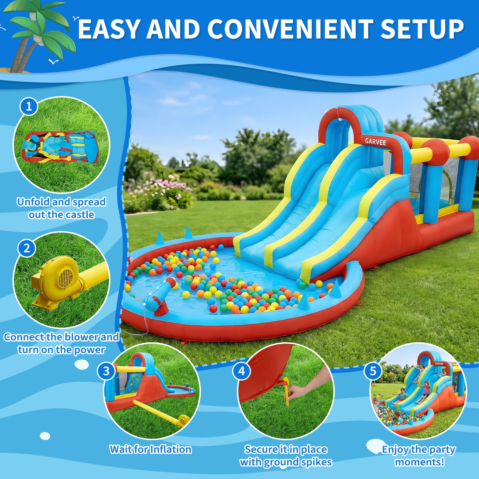 Kicctian 23 ft Inflatable Water Slide Park, 6 in 1 Inflatable Water Bounce House, Jumping Castle with Slide,Water Squirter, Trampoline, Climbing Wall, Perfect for Kids Indoor Outdoor Play