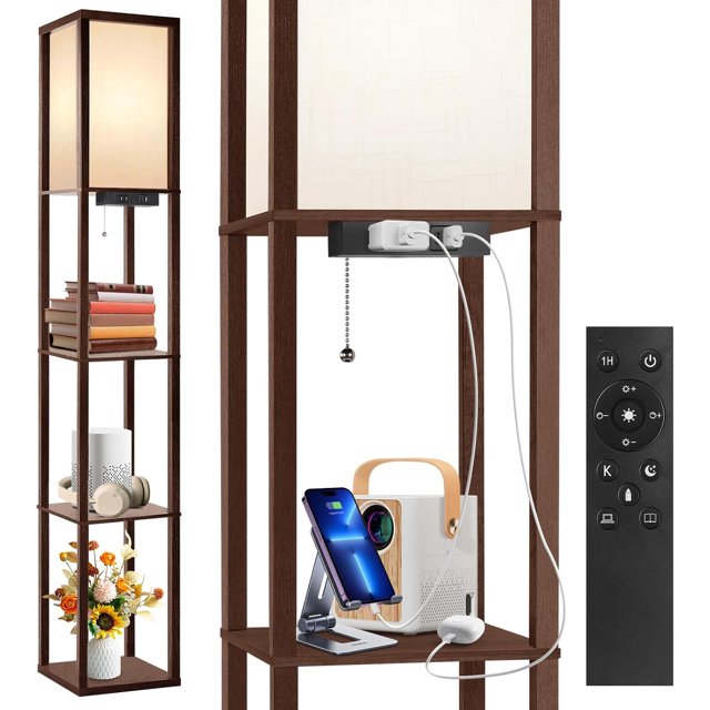 Floor Lamp with Shelves LED Modern Shelf Floor Lamp with USB Ports Power Outlet Color Temperature Storage Display Wood Column Standing Tall Lamp for Living Room Bedroom Off