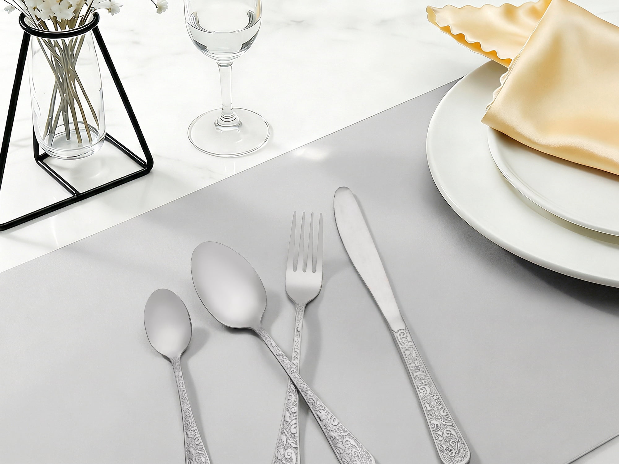 Unique Bargains 4 Piece Stainless Steel Floral Flatware Set Silver 4