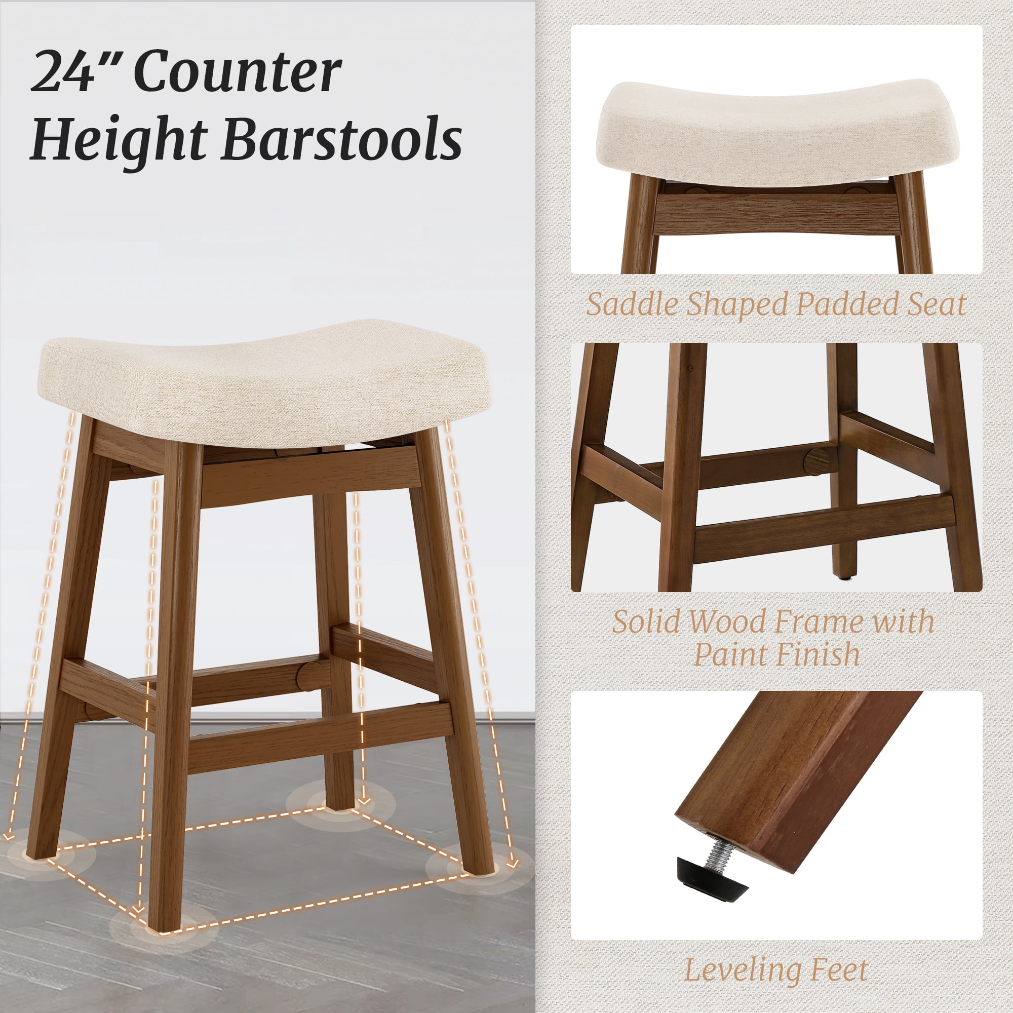 Dycanpo 24'' Counter Height Bar Stools Set of 3,Saddle Seat Bar Stools for Kitchen Dining,Linen-Fabric