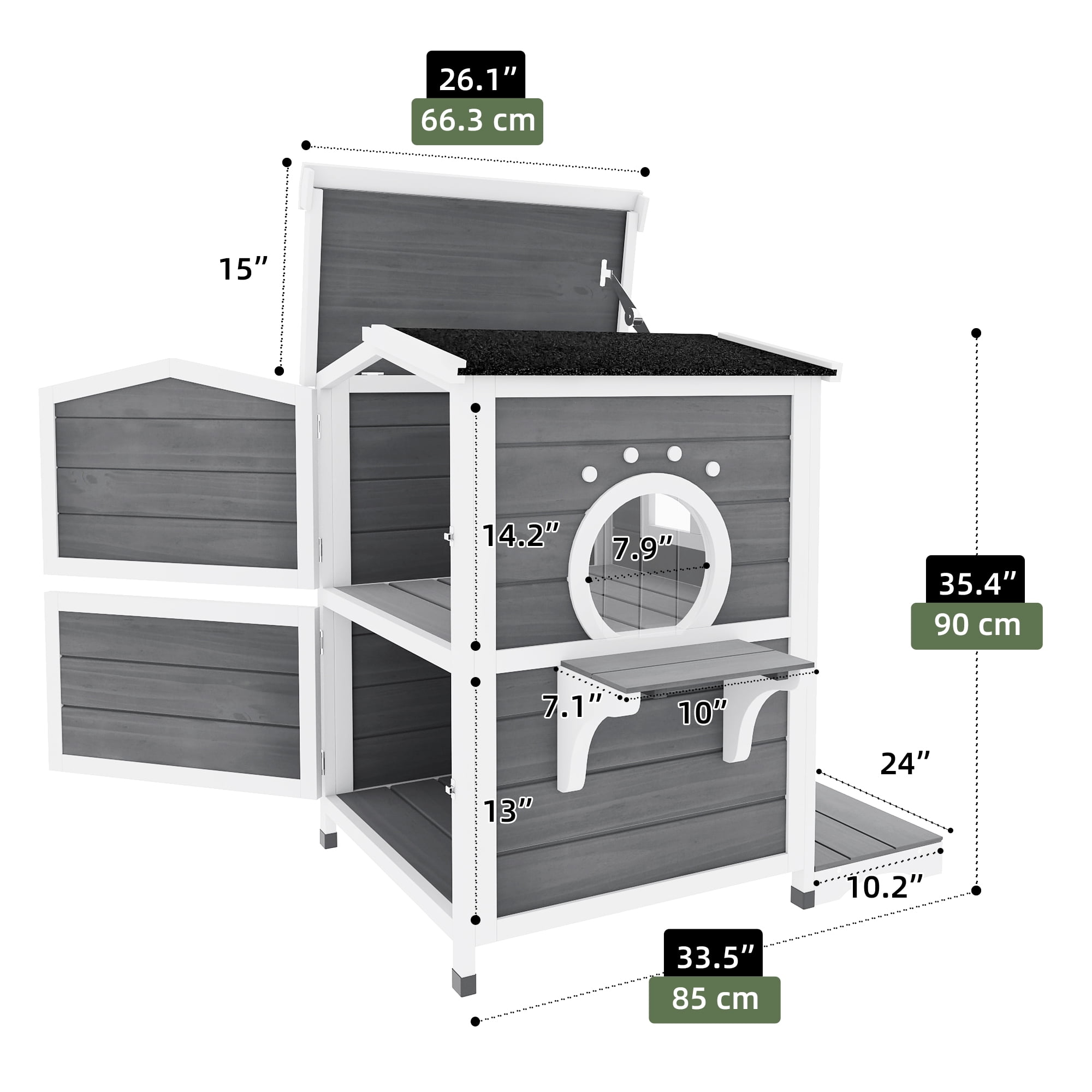 Uforic Cat House Outdoor Two-Story Wooden Feral Cat Shelter with Openable Roof, Escape Door - Gray
