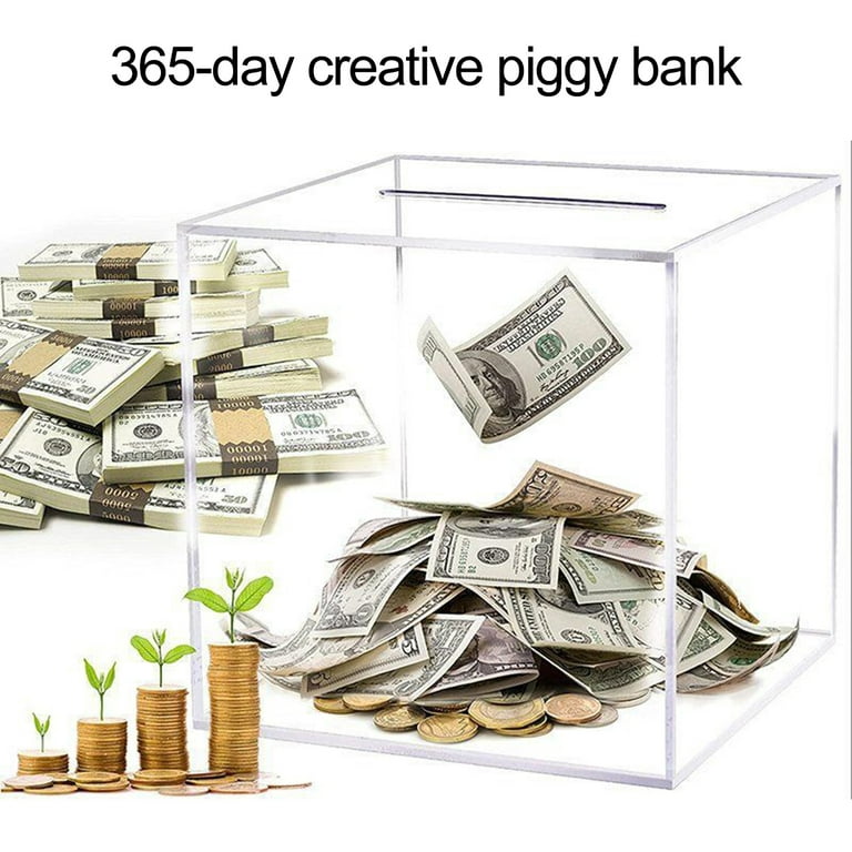 Walbest Large Capacity Acrylic Clear Piggy Bank, Savings Jar Cash and Coin,  Square Safe Money Box for Kids, Adults Kids Birthday Gift Home Decoration