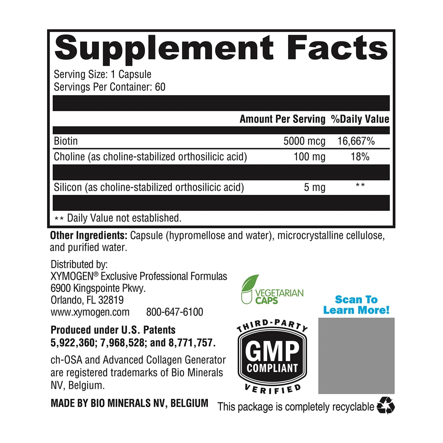 XYMOGEN RegeneMax Plus - 500 mcg Biotin for Skin, Nail & Hair Support - Supports Bone & Joint Health - Choline-Stabilized Orthosilicic Acid - Vegetarian Capsules - 60 Count (Pack of 1)