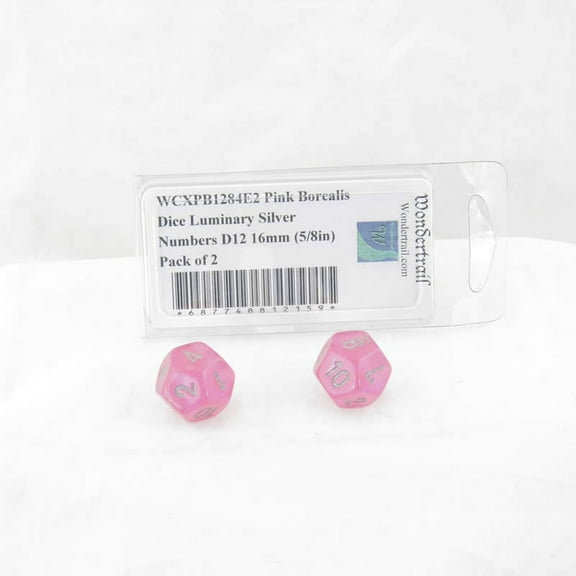 Pink Borealis Dice Luminary with Silver Numbers D12 Aprox 16mm (5/8in) Pack of 2 Wondertrail
