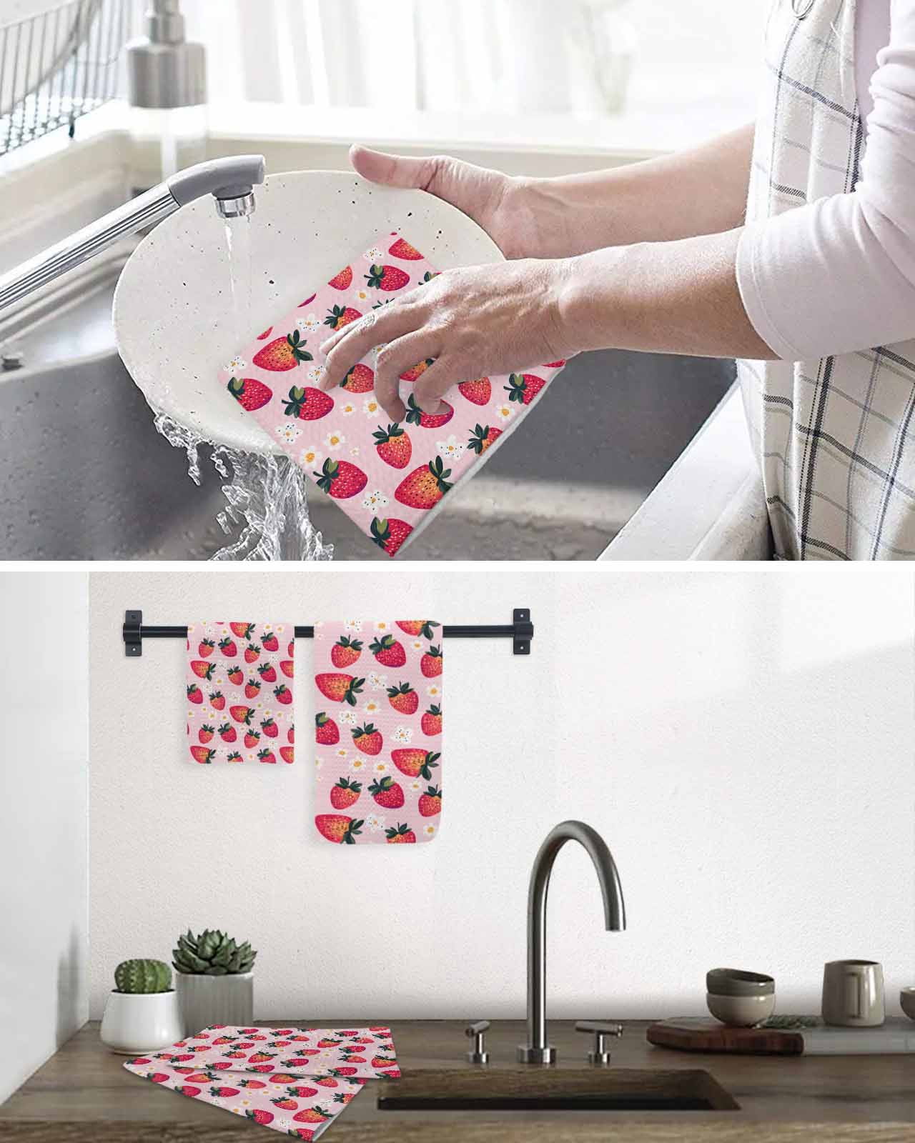 Strawberry Kitchen Dish Towels for Drying Dishes Set of 3, Pink Spring Summer Rustic Floral Fruit Waffle Weave Microfiber Terry Hand Tea Bathroom Towels Quick Dry & Absorbent Towel 15.7x23.6