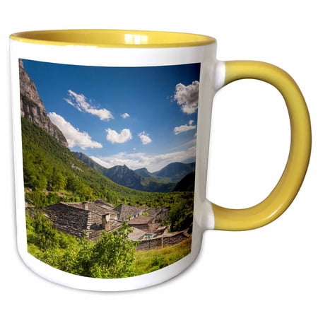 3drose, Greece, Epirus, Zagorohoria, Vikos Gorge, Mikro Papingo Village., 15oz Two-tone Yellow Mug